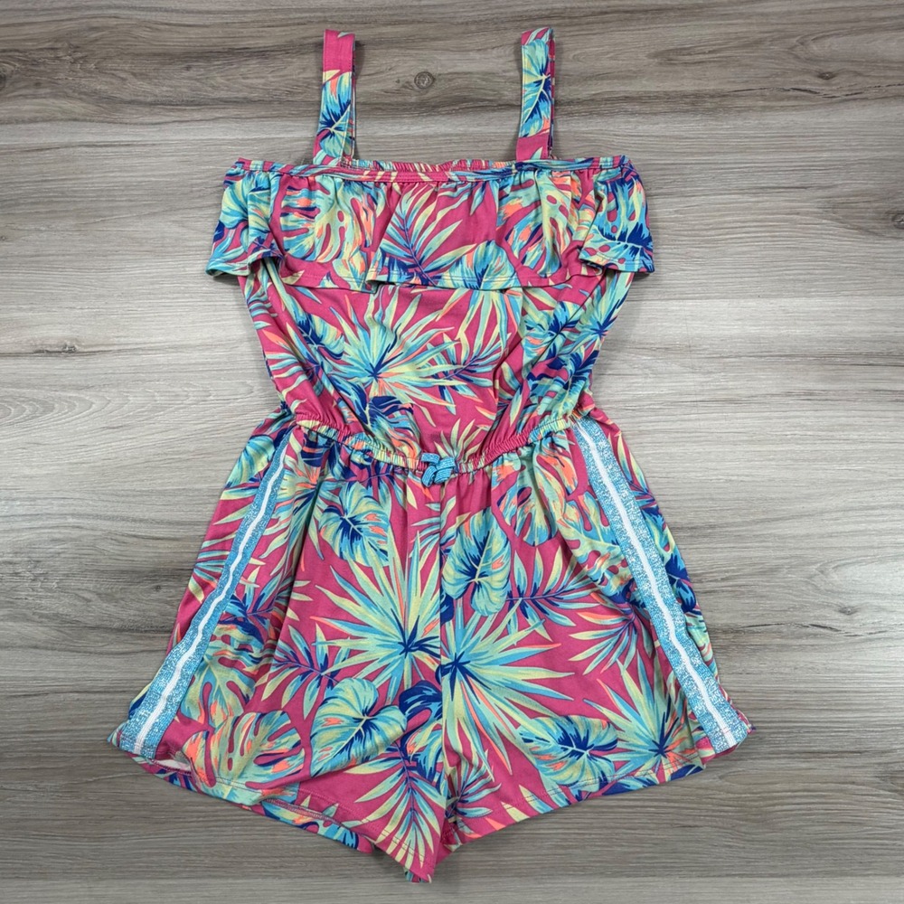 Wonder Nation Girls Pink Tropical Palm Leaf Ruffle Romper Size L 10-12 WG29D118B